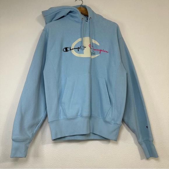 Champion Sweatshirt Light Blue Men's Pullover Spell Out Hoodie - Picture 2 of 15